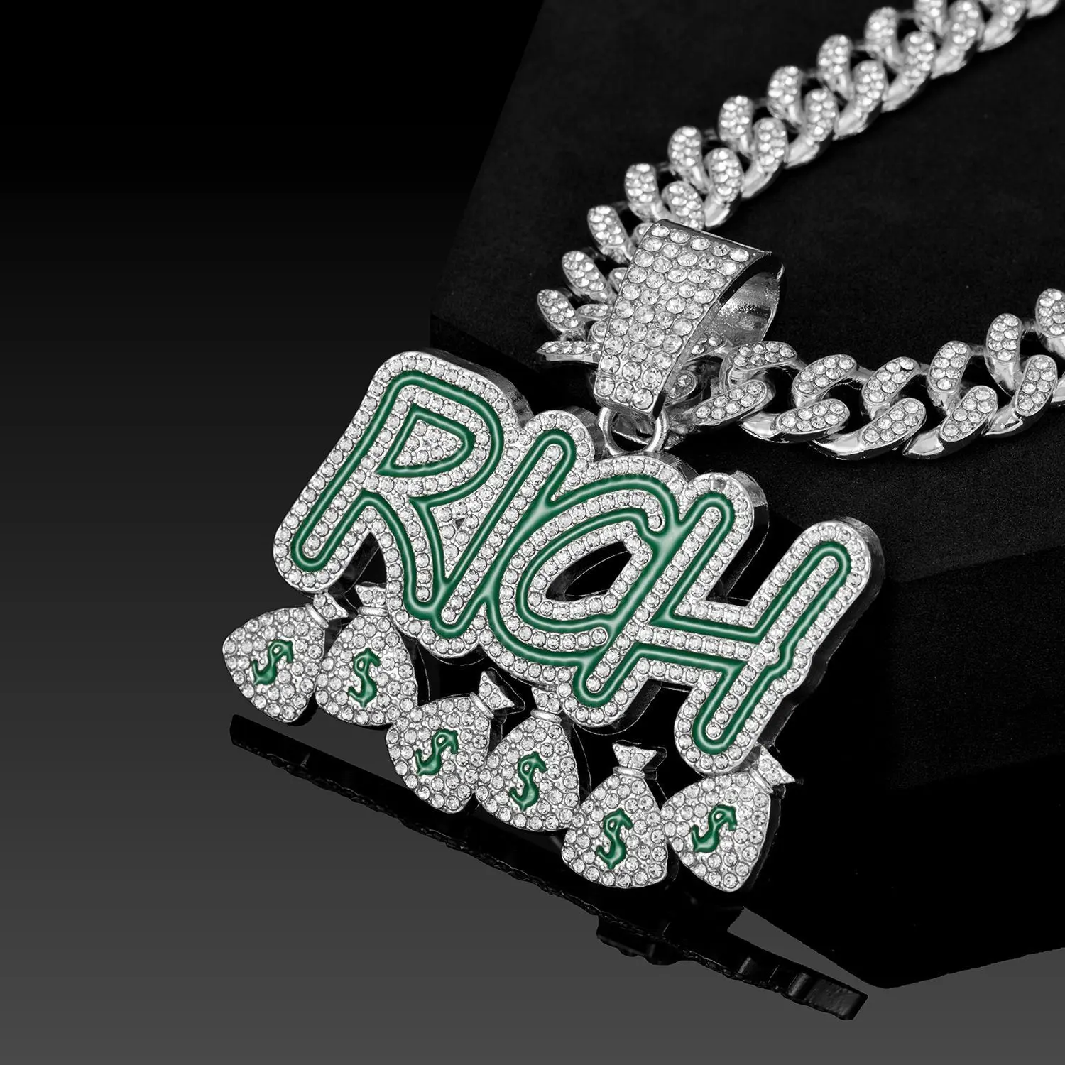 Cartoon Hip-Hop Rap Pendant Necklace - Diamond-Encrusted Sparkly Cuban Chain, Unisex Versatile Clavicle Chain for Nightclub Fashion Accessories, High-Density Cartoon Streetwear & Hip-Hop Necklaces, Cartoon Streetwear Necklaces link frownies