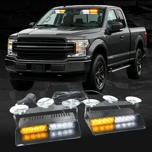 2 in 1 2×7.17 inch 16 LED Dash Strobe Lights Interior Windshield Lights Amber White Warning Hazard Safety Flashing w/Suction Cups for Construction Vehicles, Trucks Car