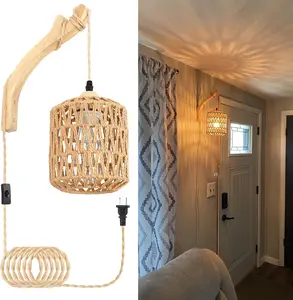 Rattan Wall Lamp with Plug in Cord Hand Woven Plug in Wall Sconces Paper Rope Wall Light Farmhouse Wall Sconce Wall Mounted Light Boho Wall Sconces Wall Lighting for Bedroom Living Room
