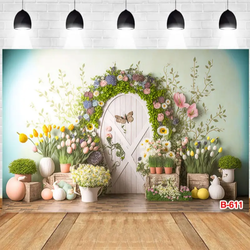 Photography Background Spring Garden Romantic Floral Arch Wooden Door Butterfly Girls' Birthday Party Decor Backdrop Photo Studio
