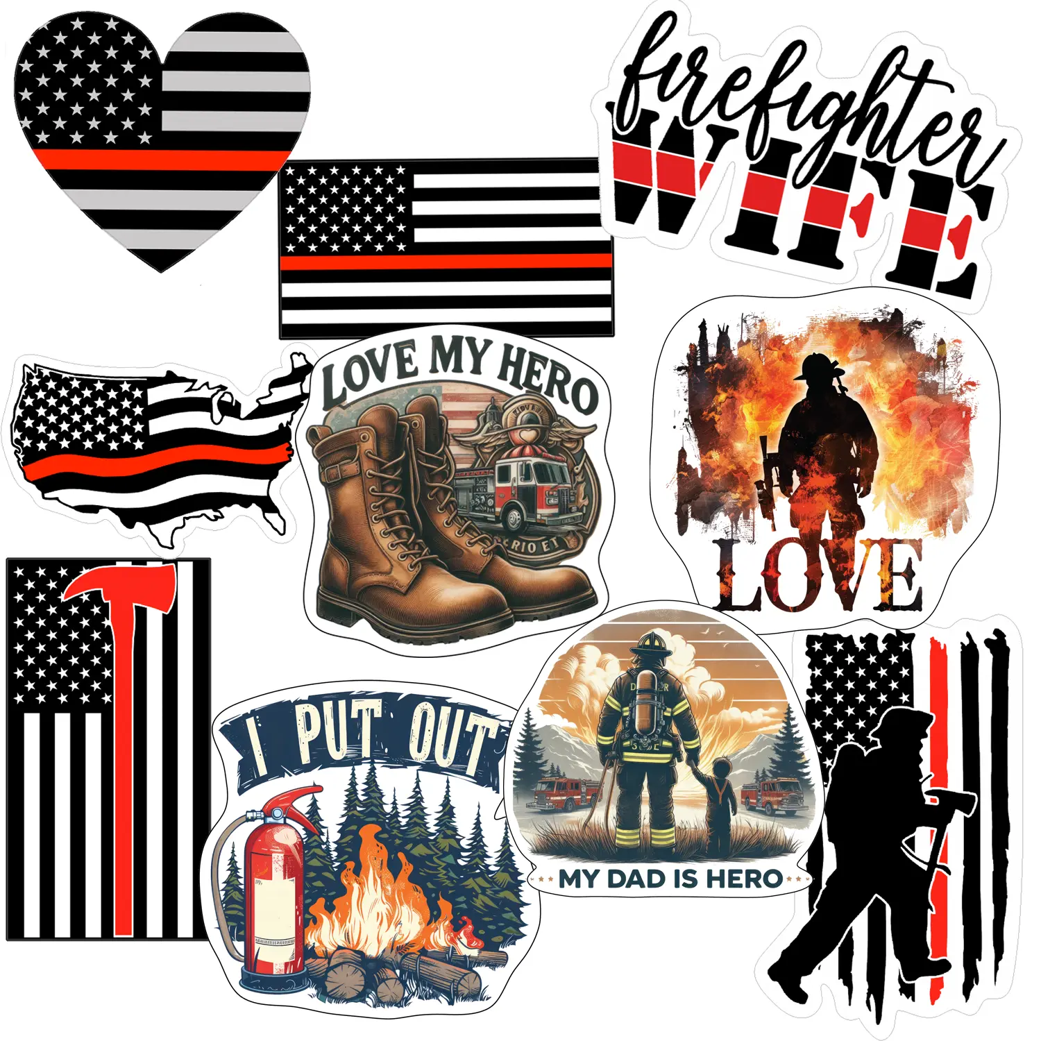 Firefighter Stickers, Ten Vinyl Stickers Supporting Firefighter, Great Firefighter Gift, Decorative Stickers