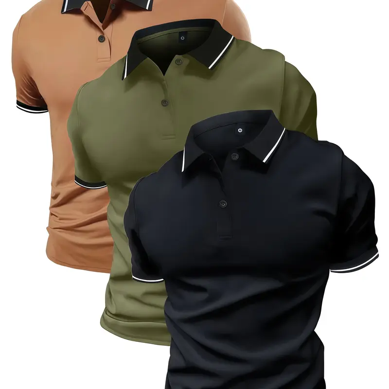 3 Pack Men's Summer Short Sleeve Buttoned Polo Shirt with Collar Simple Retro Style Beach Vacation Casual Sports Outing Top for Work Golf Fishing Camping Gift for Boyfriend or Husband