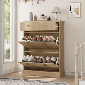 Garvee Shoe Cabinet with 2 Flip Drawers & 1 Top Drawer, Large Fluted Storage Cabinet with Adjustable and Removable Shelves, Freestanding Narrow Shoe Organizer for Entryway, Hallway, Natural Oak