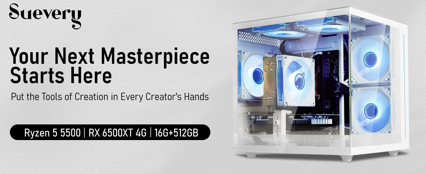 suevery Pre-Built Gaming PC | DDR4 16G RAM | Ryzen5 5500 6Cores 3.6G Up to 4.1G | M.2 512G SSD | RX 6500XT 4G | WiFi 6 White Desk top Computers 4K Pro suevery Pre-Built Gaming PC | DDR4 16G RAM | Ryzen5 5500 6Cores 3.6G Up to 4.1G | M.2 512G SSD | RX 6500XT 4G | WiFi 6 White Desk top Computers 4K Pro