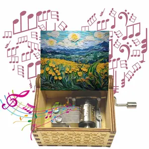 1pc Vintage Impressionist Landscape and Tulips pattern design Wooden Hand-Cranked Music Box, Play You are my sunshine tune, Holidays Gift for Family and Friends, Ideal for Birthdays, Anniversaries, Valentine's, Weddings, Home Decor Item