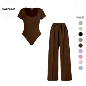 KatchMe Women's Minimalist Square Neck Short Sleeve Bodysuit & High Waist Wide Leg Trousers Co-ord, Fitted Plain Two Piece Outfits (US)