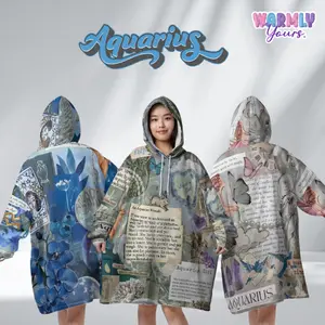 Aquarius WaveDreamer – Oversized Zodiac Sherpa Collage Hoodie Blankets | Astrology Wearable fluffy Blanket for Women, Men, Teens & Kids | Cozy comfort sweatshirt sweater Loungewear, Plus size sleepwear, Birthday Gifts, Christmas Gifts, Zodiac Gifts, wrap