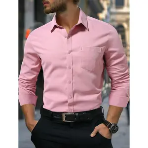 Calvornis Casual Long Sleeve Button-Front Collared Shirt With Pockets, Solid Color (Not Positioned), Men Pink Dress Shirt, Fall