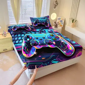 Colorful Gradient E-Sport Fitted Sheet Set with 2 Pcs Coreless Pillowcases, Rainbow Gradient Game Controller Keyboard Circuit Board Texture, Deep Pocket Non-Slip Mattress Protector, Home Decor Gift for Gamers