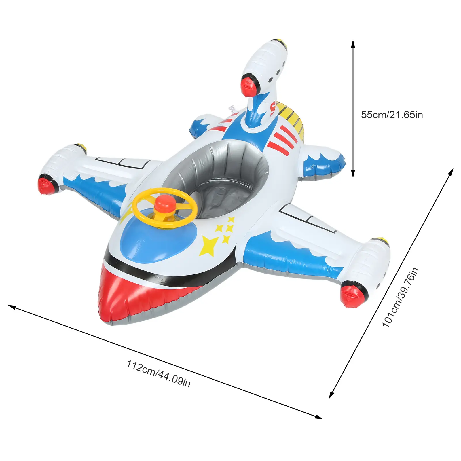 Inflatable Swim Ring for Kids, Airplane-Shaped PVC Pool Float with Secure Seat Wrap, Rotatable Steering Wheel with Horn, and Leakproof Valve