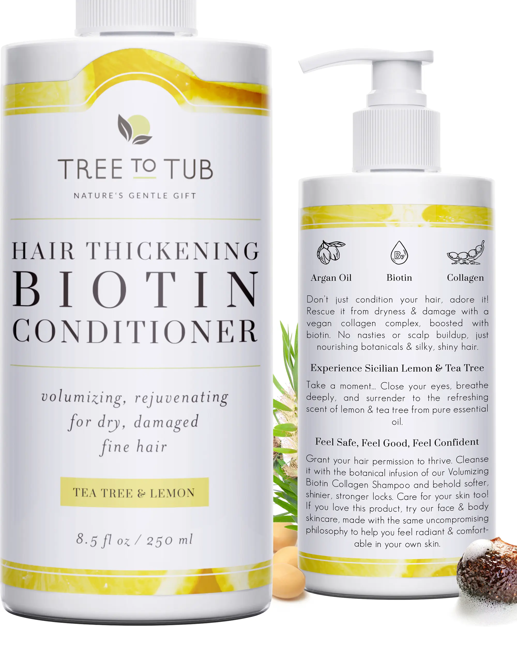 Tree to Tub Vegan Biotin and Collagen Conditioner for Dry, Damaged Hair - Volumizing Sulfate Free Fine Hair Thickening Conditioner for Women & Men w/Organic Argan Oil, All Natural Lemon, Tea Tree Oil