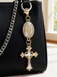Christian amulet keychain, featuring the love of religion and a rhinestone cross, with a pendant decorated with an image of the Virgin Mary, pearls, and diamonds — cross keychain, decorative accessory for wallets and backpacks