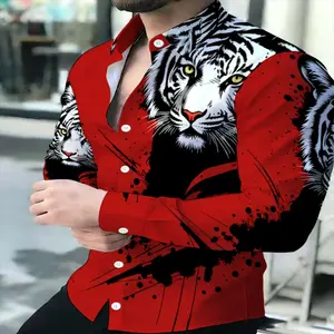 Men's Tiger Print Polyester Casual Shirt - Menswear Top, Red and Black, Non-Stretch Fabric, Regular Fit, Lapel Collar, Button Details, All-Season