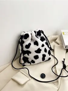 Cute Plush Cow Bag with Drawstring Design, Soft and Cozy Faux Fur Handbag, Perfect for Casual, Versatile and Adorable Accessory, Drawstring Purse