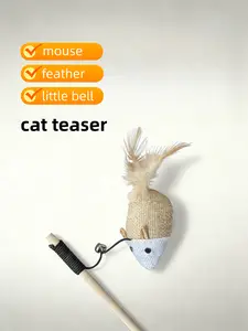 Interactive Cat Teaser Wand Wooden Rod Elastic String Mouse Ball Shape with Bell Toy for Kitten