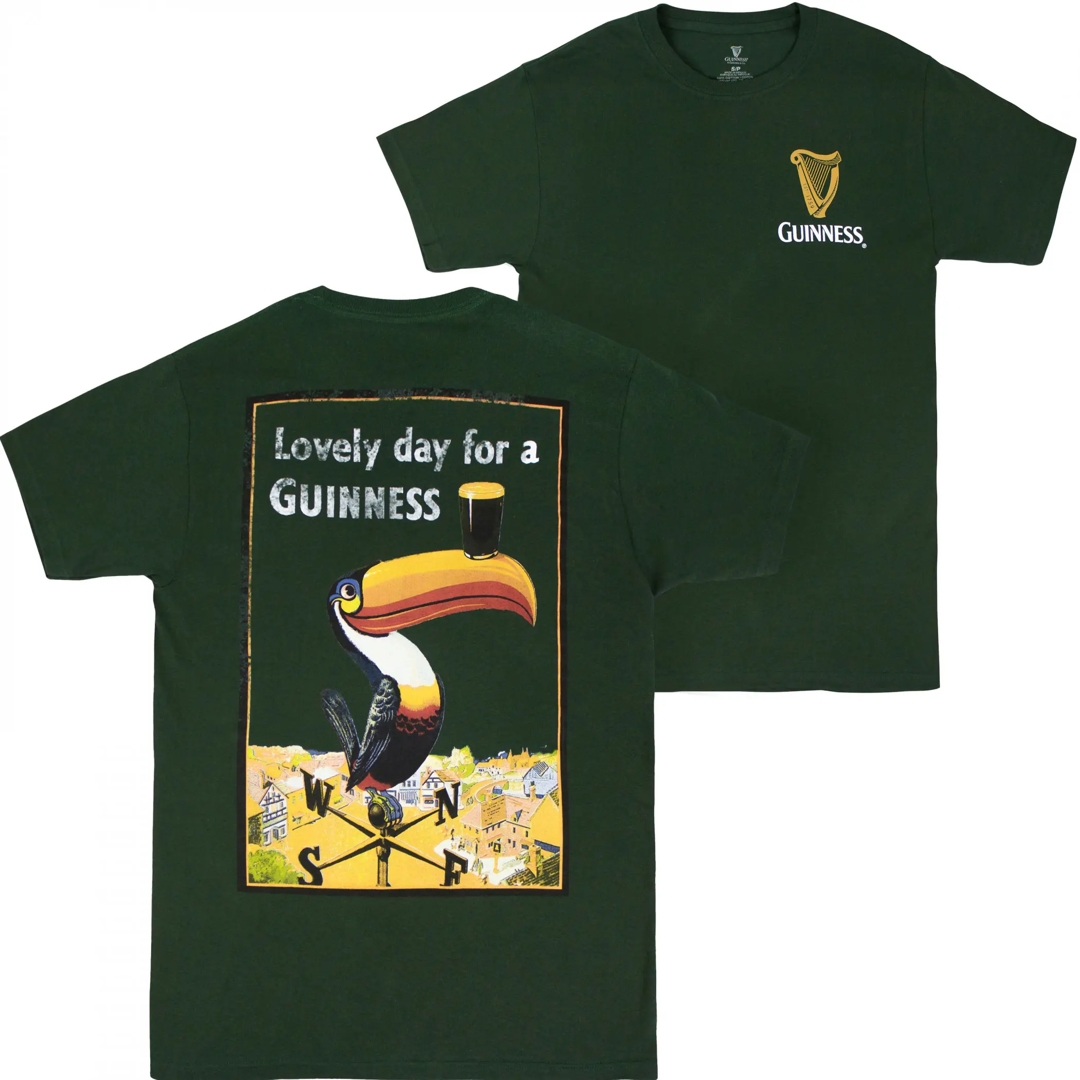 Guinness Toucan T-Shirt – Vintage Irish Pub Beer Tee, St. Patrick's Day Classic, Dark Green Shirt with Retro "Lovely Day for a Guinness" Print