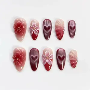 Burgundy Press on nails long almond nails/Heart nails/Mulberry nails/Purple Cat eye nails/Blooming Flower nails/Custom nails/Spring nails
