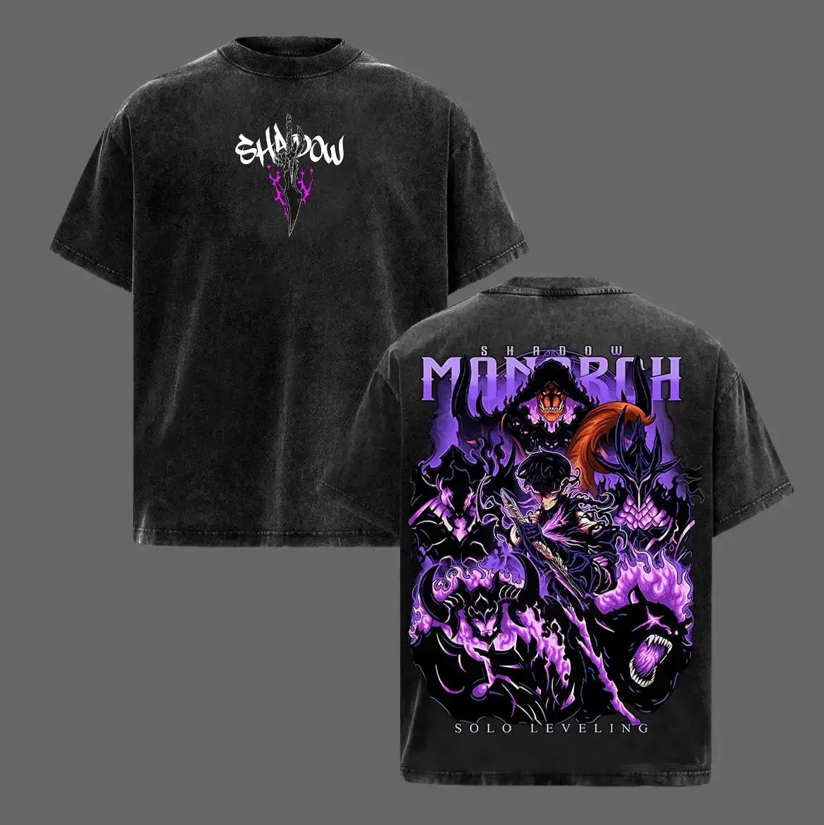 Shadow Monarch Anime Tee | Inspired by Solo Leveling & Sung Jinwoo’s Power | Dark Purple Graphic Streetwear | Awaken Your Shadows with Epic Art & Bold Design | Oversized Vintage Wash Shirt
