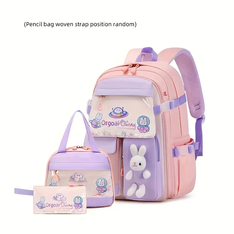 3pcs Cute Rabbit-Themed Backpack Set - Adjustable Strap, Nylon Material, Zipper Closure, Polyester Lining, Hand Washable, Preppy Style, School Supplies |             Playful Design |             Durable Backpack