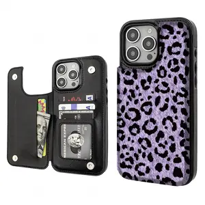 Purple Leopard print Pattern Phone Cases Compatible For With iphone 17 16 15 14 13 12 PRO PLUS MAX Air SAMSUNG GALAXY S22 S23 S24 Durable Flip High quality Leather Credit Card Bag Holder Gift Wallet Shockproof Anti-Drop Full Protection Shell Cover
