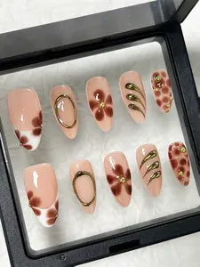 10pcs Almond White French Tip Press On Nails, Handmade Reusable False Nail Tips with Brown Painted Flower and Gold Tone Chrome Detail for Daily Styling