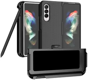Case with Clip and S Pen Slot for Galaxy Z Fold 3 5G, Nakedcellphone [Grid Texture] Slim Hard Cover and Rotating Belt Hip Holster Holder Combo for Samsung Z Fold3 Phone (SM-F926) 2021