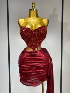 Women's 2-Piece Sparkly Red Diamond Matching Set - Crop Top, Sleeveless Statement Top & Skirt