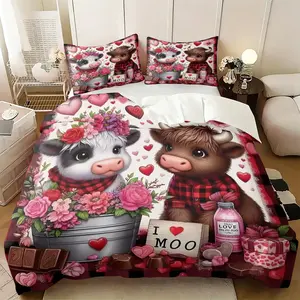 2/3 Piece Romantic Valentine'S Day Themed Bedding Set, Decorative Bedding Set, Valentine'S Day Gift, Highland Cow Duvet Cover Set, Flower Heart-Shaped Pattern Comforter Cover, Married Couple' Bedroom Decoration Set, 1 Quilt Cover and 1/2 Pillowcase