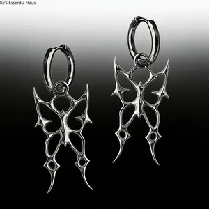Gothic Spiky Butterfly Hoop Earrings - Punk Stainless Steel Dangle Earrings, Edgy Hollow Butterfly Drop Earrings for Alternative Fashion & Goth Style