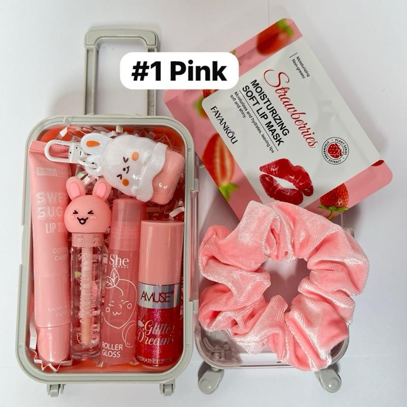 Mini Suitcase Lip Gloss Bundle ( lip oil, lip gloss, lip balm + scrunchie+ random hydrating lip mask)