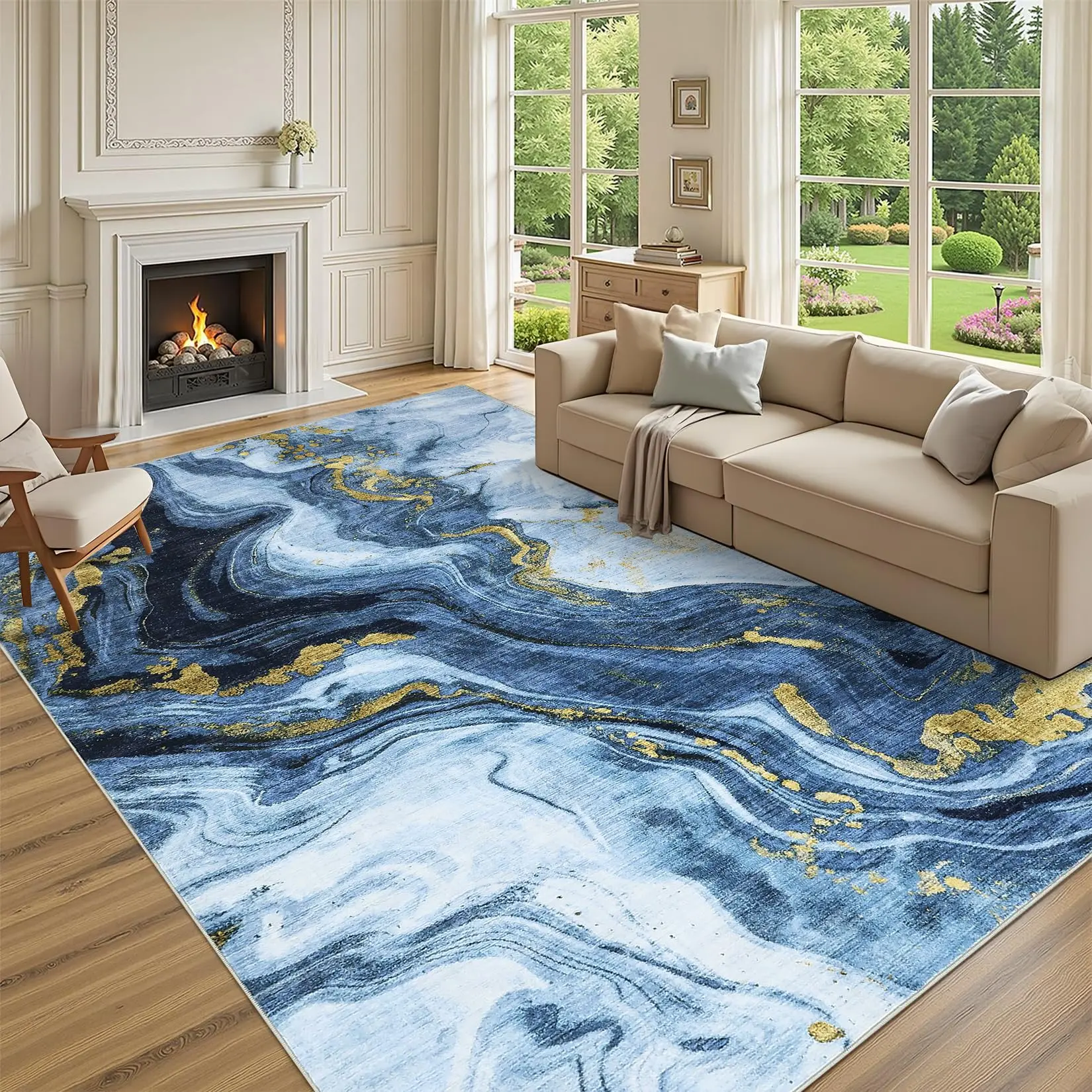 Large 8x10 Washable Rugs for Living Room Abstract Rug Swirl Marble Patterned Carpet, Low-Pile Non Slip Easy Cleaning Rug Neutral Modern Carpet for Bedroom Dining Room Farmhouse Office, Blue