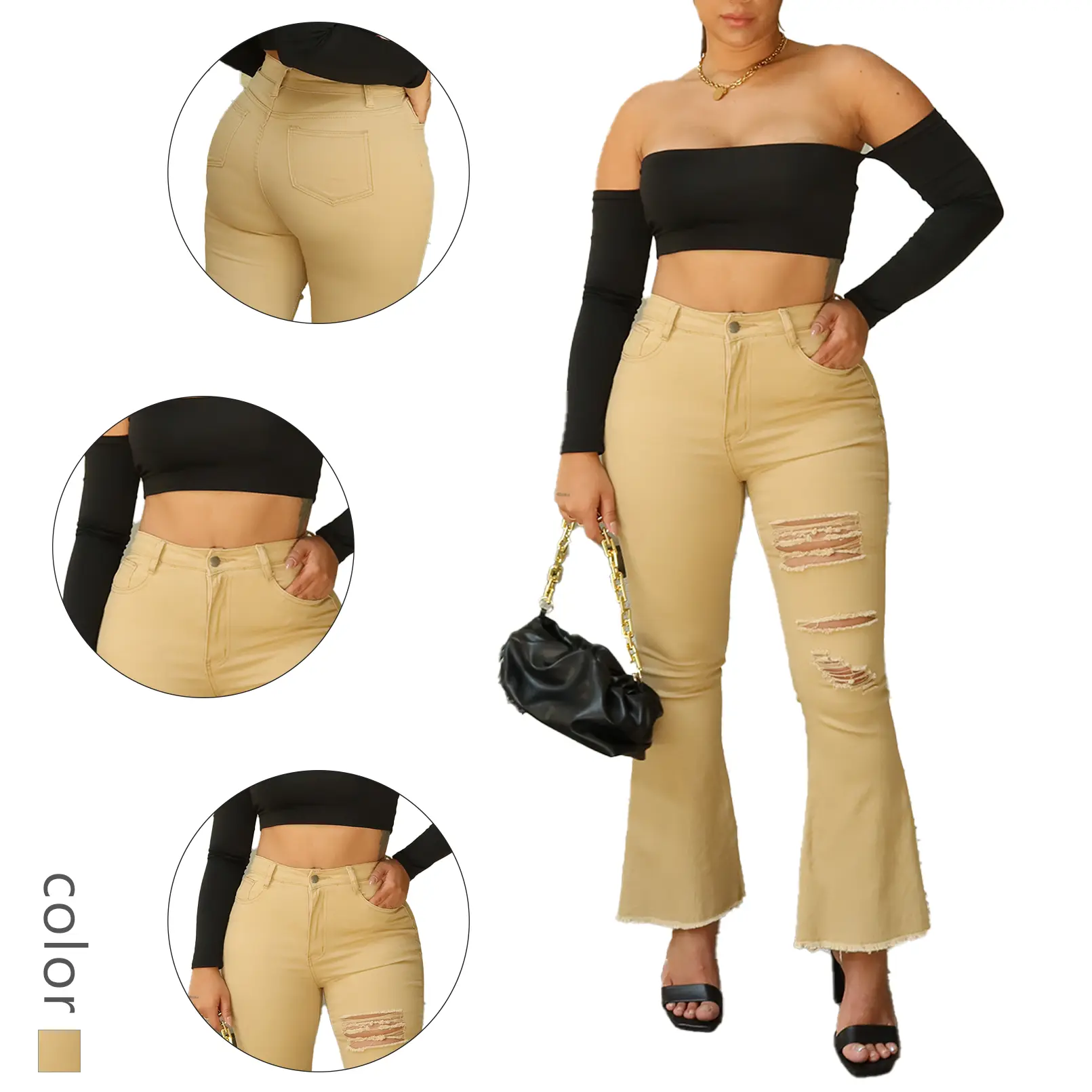 Women's Khaki High Waisted Jeans - Ripped Flare Denim Pants with Trendy Vibe