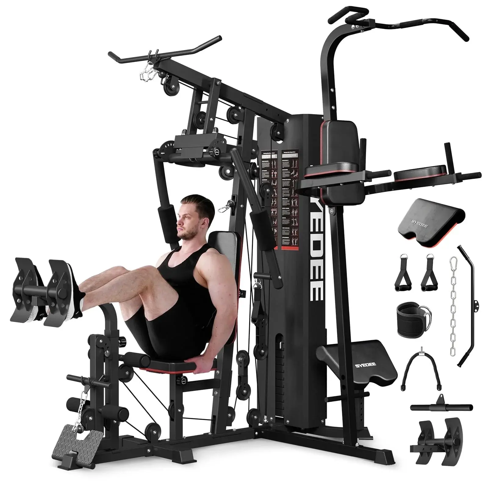 Syedee Home Gym Station with Power Tower – 150 Lbs Weight Stack, 100+ Exercises, Full Body Training