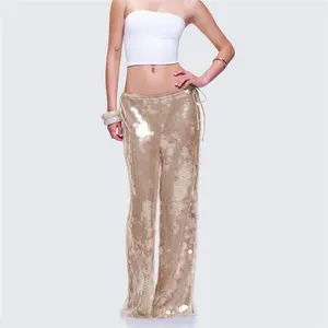Shiny Glitter Elastic Waist Loose Fit Trousers Women Sparkle Sequins Wide Leg Pants Bling Bottom Leggings Y2K Streetwear