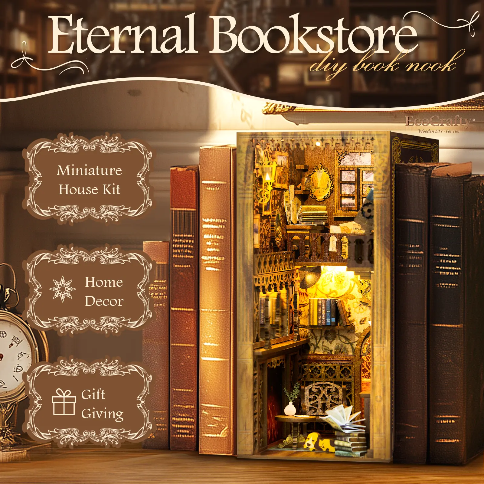 EcoCrafty Eternal Bookstore DIY Book Nook Kit Wood Craft Model Build Creativity Kit with LED Light for Dollhouse Bookshelf Insert Decor Alley