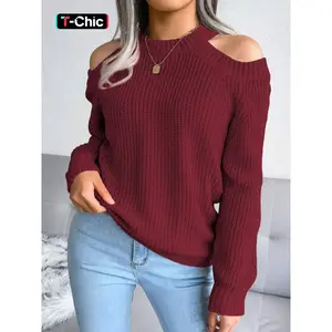 Women’s plain cold-shoulder sweater, casual fitted long-sleeve jumper for autumn and winter, women’s knitwear for everyday wear