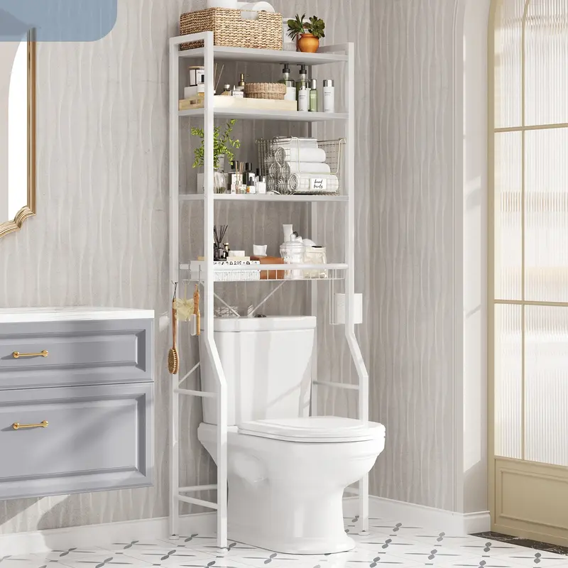 Sweetcrispy Rustic Brown Wood Over-the-Toilet Storage Rack - Bathroom Organizing Accessories with 3 Adjustable Shelf, Removable Basket, Removable Hooks, TP Roll Hooks, Black Metal Frame, Small-Space Hero for Bathrooms, Balconies