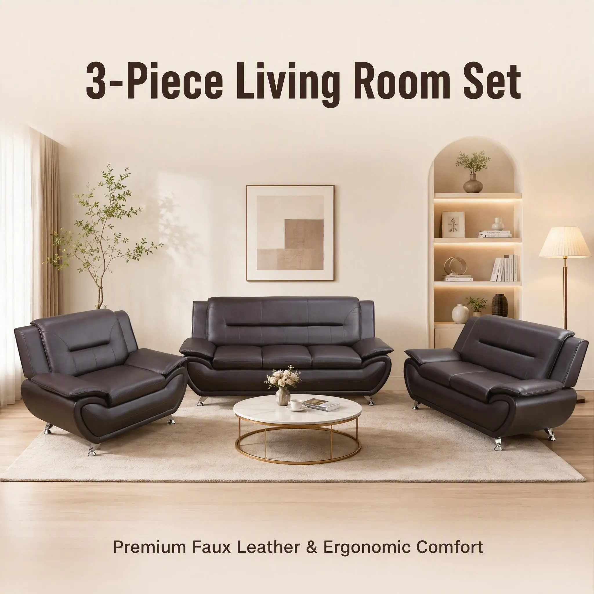 3-Piece Premium Faux Leather Sofas for Living Room - Ergonomic Comfort Design, Modern Home Indoor Furniture Decor