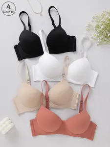 4 piece set of high-quality seamless women's bras with high support and push-up design, underwire integrated cups, comfortable and breathable, adjustable shoulder straps with back clasp, suitable for daily, casual, yoga, and sports activities.