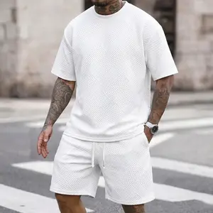 2-piece set: jacquard textured crew neck short-sleeve T-shirt + drawstring shorts, loose and breathable summer casual sports set