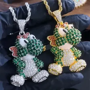 HELLOICE Micro Pave Lovely Dinosaur Pendant with 3mm 24inches Rope Chain