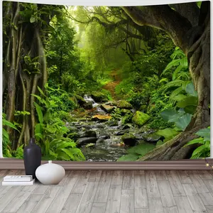 Green Rainforest Tapestry Nature Forest Tapestry for Bedroom Aesthetic Misty Tropical Jungle Trees Flowing Stream Landscape Tapestries Wall Hanging for Living Room Dorm 48 x 36 Inch