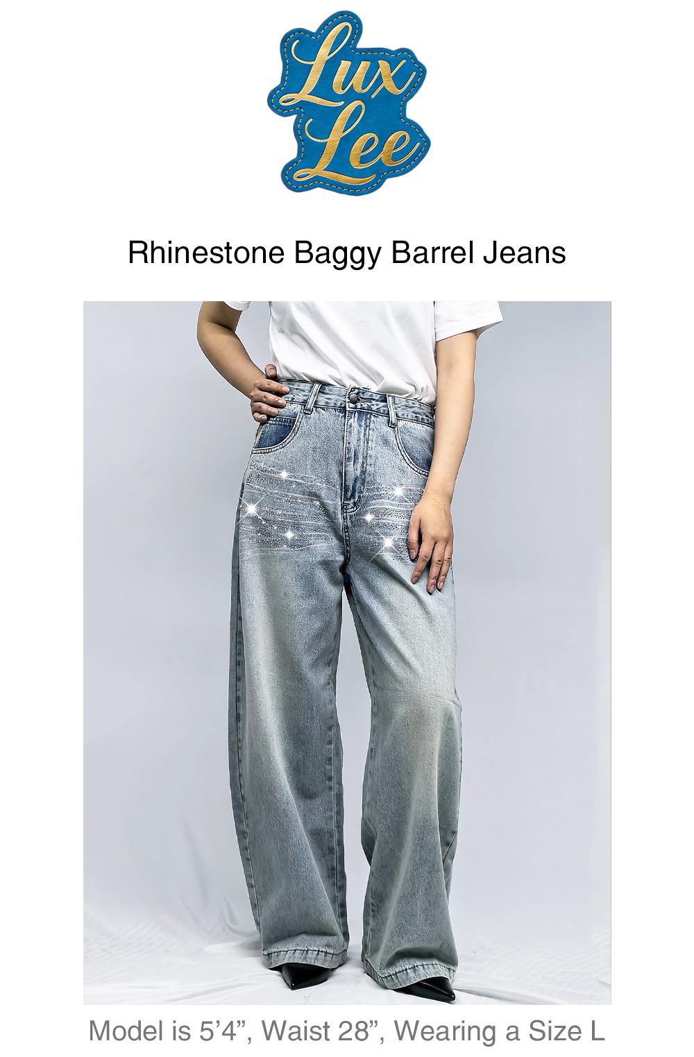 Lux Lee Rhinestone Baggy Barrel Jeans - Vintage Enzyme-Washed Denim, Sparkling Rhinestone Stripes, High-Waisted Tummy Control, Flattering Wide-Leg Fit, Eye-Catching Glittery Street Style For Trendsetters