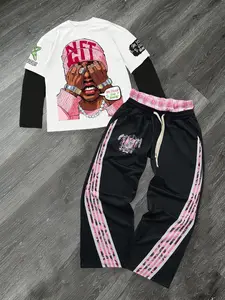 Men's Side Striped Drawstring Waist Loose Fit Wide Leg Sport Pants + Fake Two-Piece Long Sleeve T-Shirt Set, Athleisure Street Fit Comfort, Sweatsuits Set