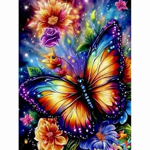 Rainbow Butterfly Flowers Diamond Painting Kit vibrant colorful butterfly with glowing wings surrounded by blooming roses and dahlias on a starry background magical floral wall art 5D round square rhinestone diamond embroidery cross stitch DIY home decor