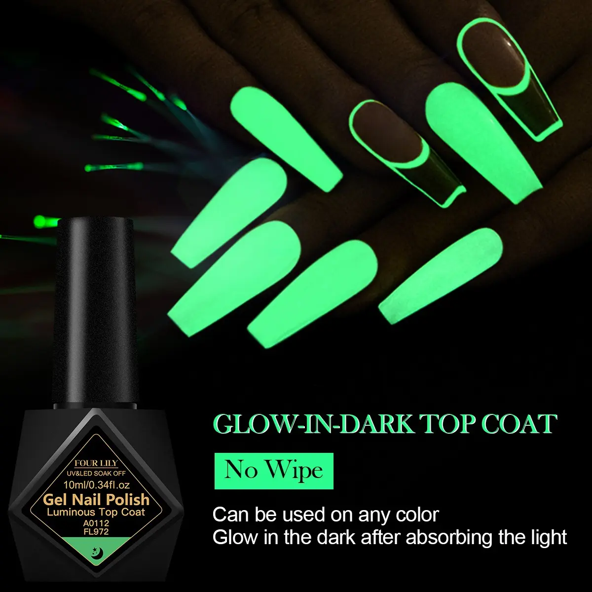 FOURLILY 10ML Luminous Top Coat, Gel Topcoat, Glow-in-Dark Gel Nail Polish, Long-Lasting, Smooth Application, Scratch & Abrasion Resistant, Alcohol-Free, UV/LED Cured, Perfect for Luminous Nail Art, Manicure DIY Gel for Women, Soak Off Uv