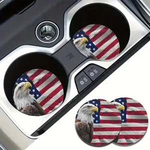 2Pcs Patriotic American Flag Car Coasters, Bald Eagle Non-Slip Silicone Cup Holder Mat for July 4th Independence Day, Universal Absorbent Vehicle Interior Accessories