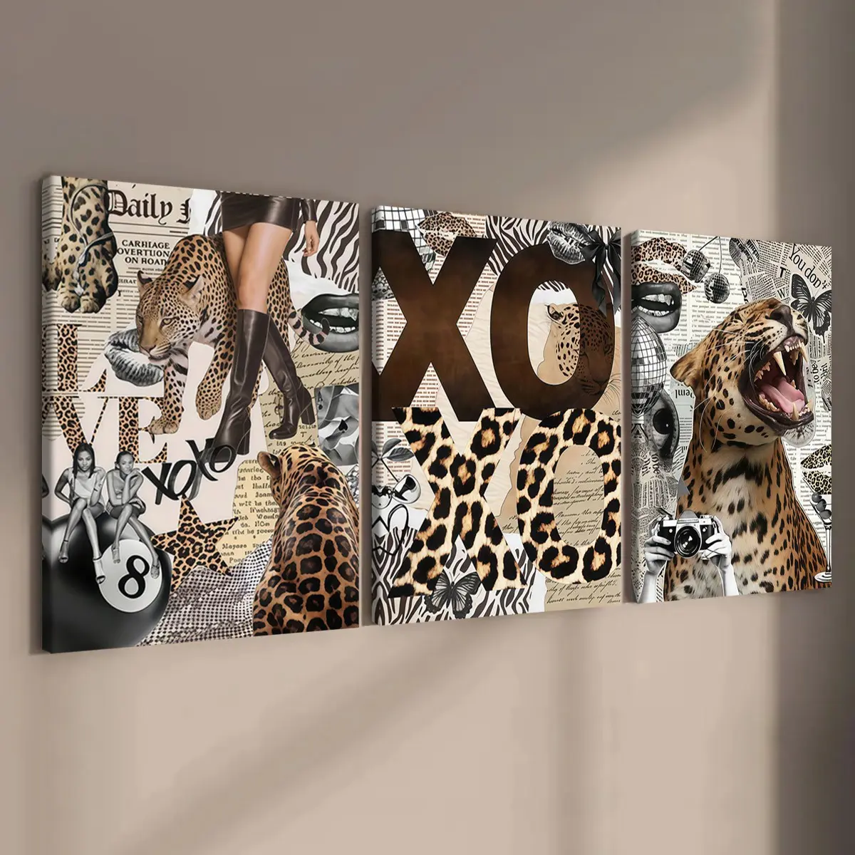 3-Pack Wood Frame Canvas Art, American Retro Leopard Print Decorative Wall Art, Home Wall Art, Modern Living Room Poster, Waterproof, Gift Idea, Triple Canvas Painting