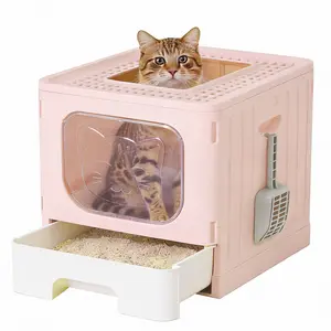 【New】Large Foldable Cat Litter Box with Lid, Enclosed Anti-Splashing Cat Box with Litter Scoop, Front Entry Top Exit Kitty Litter Box with Door, Drawer Design, Easy Cleaning & Odor Control