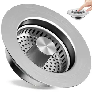 3-in-1 Kitchen Sink Drain Strainer, Stainless Steel Sink Plug, Deodorizing Anti-Clog Basket Strainer for US Standard 3-1/2 Inch Drains, Bathroom Accessory